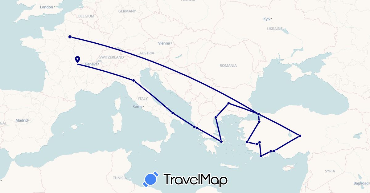 TravelMap itinerary: driving in Bulgaria, France, Greece, Italy, Turkey (Asia, Europe)